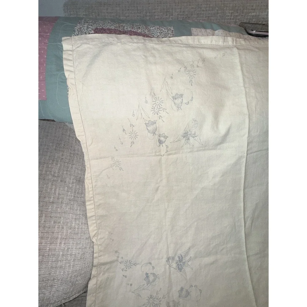 Vintage Hand Made Part Embroidered Stamped Tablecloth Flowers Bird 33 x 35